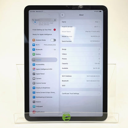 Broken WiFi Only Apple iPad Air 11" M2 128GB 27.0 MUWD3LL/A Crack Screen