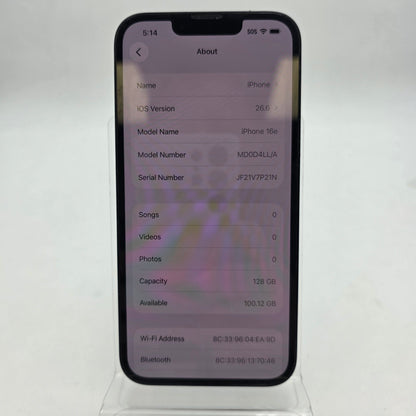 Unlocked Apple iPhone 16e 128GB 26.4.2 Black MD0D4LL/A