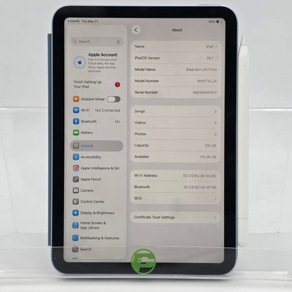 WiFi Only Apple iPad Mini (A17 Pro) 128GB Blue MXN73LL/A