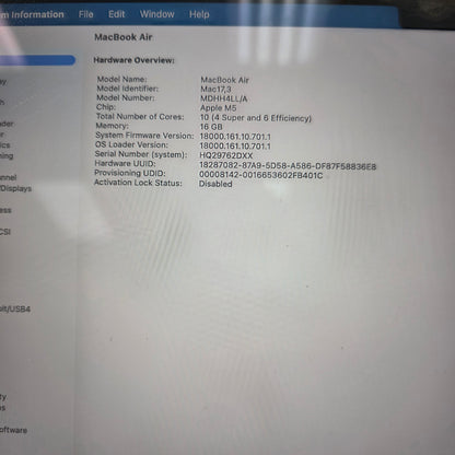 2026 Apple MacBook Air 13" M5 8C GPU 4.6GHz 16GB RAM 512GB SSD MDHH4LL/A