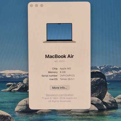 2022 Apple MacBook Air 13.6" M2 8C GPU 3.5GHz 8GB RAM 256GB SSD MLY13LL/A